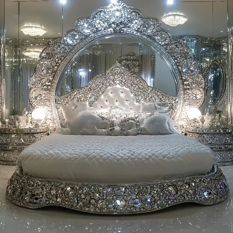 European crystal bed Italian art furniture French luxury solid wood inlaid diamond shining master bedroom silver princess bed