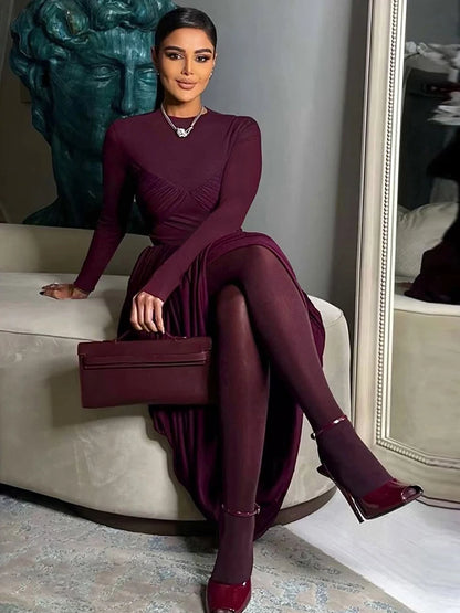 Nibber Splits Hem Dress Woman Mesh Patchwork o-Neck Full Sleeve Irregular Ruched Midnight Prom Party Elegant Skinny...