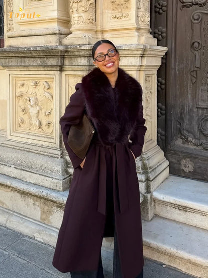 Elegant Fur Collar Woolen Blend Overcoat Women V-neck Full Sleeve Lace Up Loose Long Coat Lady Daily Commute Street Outerwear