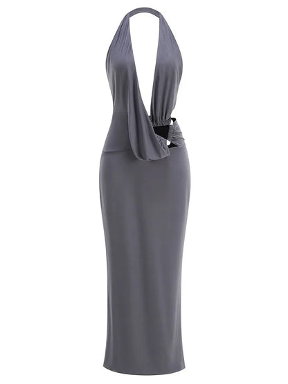 Sexy Sleeveless Halter Deep V Sequined Ruched Long Dresses for Women Grey Backless Folds Slim Maxi Dress Evening Party...