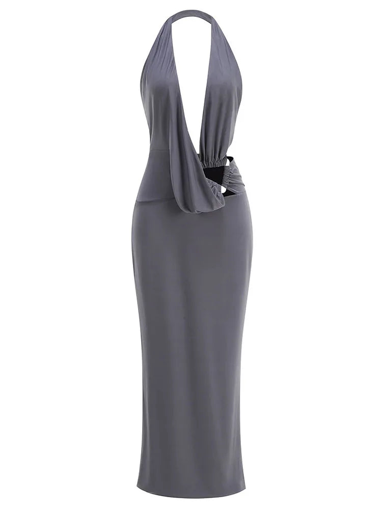 Sexy Sleeveless Halter Deep V Sequined Ruched Long Dresses for Women Grey Backless Folds Slim Maxi Dress Evening Party...