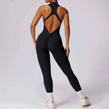 Backless Scrunch Sporty Jumpsuit Gym Tracksuit Women's Fitness Overalls Sexy Hollow One-Piece Sport Suit Zipper Workout Jumpsuit - Kimlud
