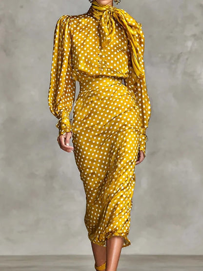 Holiday Dot Printing Simple Outfit, Women Spring Autumn Long Sleeve Elegant 2PCS Sets, Straight Skirts Fashion Chic Ladies Suits