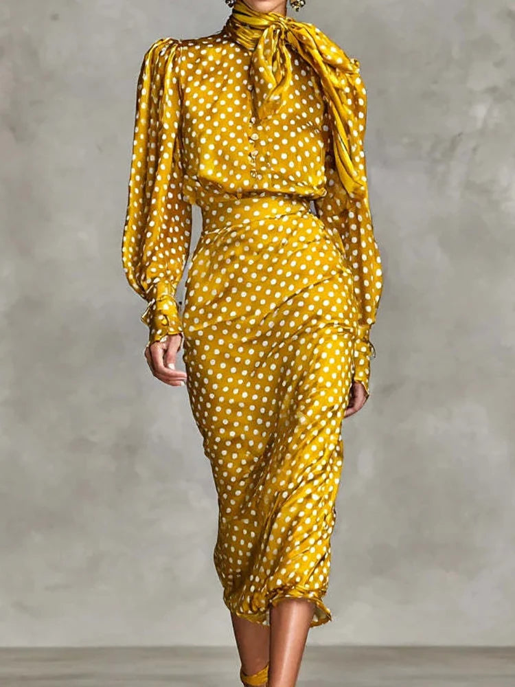 Holiday Dot Printing Simple Outfit, Women Spring Autumn Long Sleeve Elegant 2PCS Sets, Straight Skirts Fashion Chic Ladies Suits