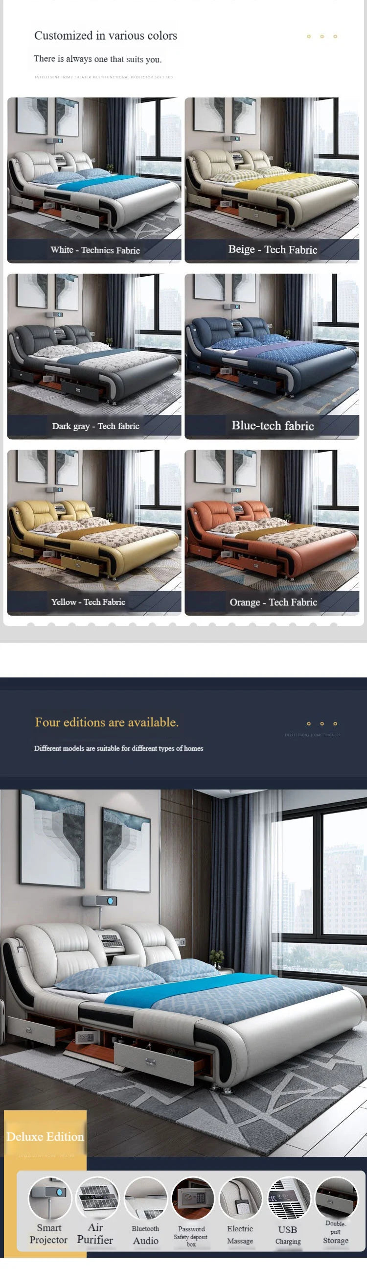 Modern Luxury Bedroom Furniture Smart Electric Massage Up-holstered Beds king Size Double Bed Mattress Plus Frame with...