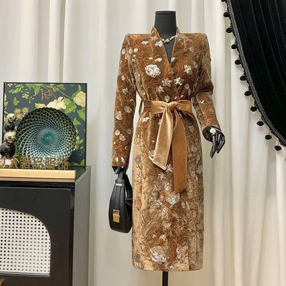 Women Spring Autumn New Heavyweight Sequined Embroidered Jacquard Coat Brown Velvet Stand-Collar Slim Fit Trench Coat Top