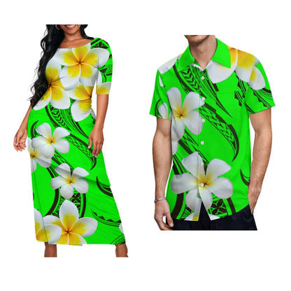 Polynesian Floral Print Custom Summer Crew-Neck Puletasi Diagonal Design New Set Dress For Valentine'S Day Matching Clothing - Kimlud