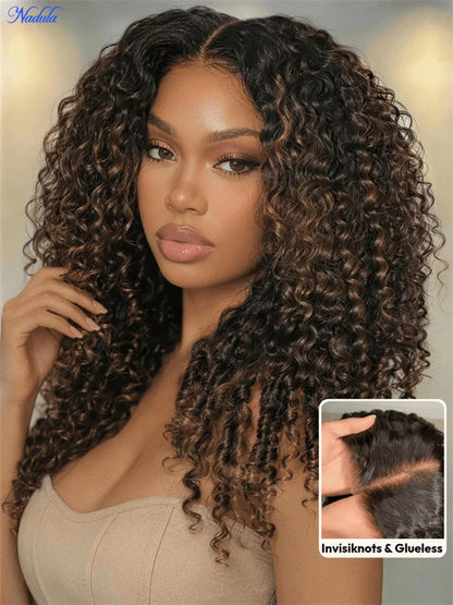 Nadula Bye-Bye Slip Burmese Curly Glueless Wig 100% Human Hair Chestnut Brown Color with Finger Coils Suitable for All...