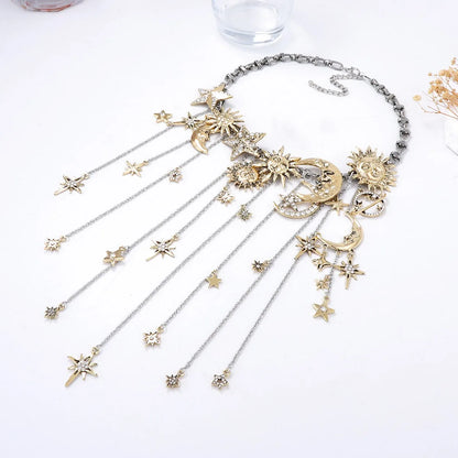 Retro Exaggerated Alloy Stars Moon Tassels Waterfall Necklaces For Women Y2k Hiphop Punk Clavicle Chain Party Jewelry Gifts