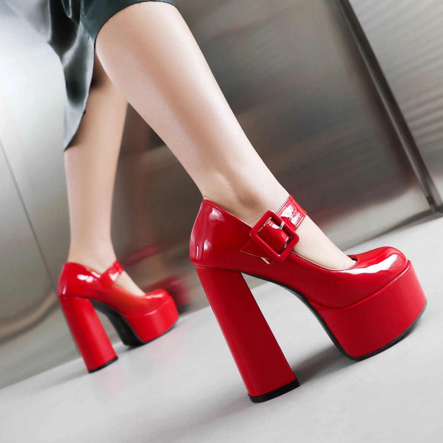 Women Platform Pumps Mary Jane Heels Shoes 2026 Sexy Size 43 with Strap Red Red White