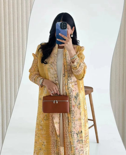 Miyake Fold 2025 Spring New Big Lapel Lace-up Cardigan Long Coat Abaya National Style Printed Long Cape Coat