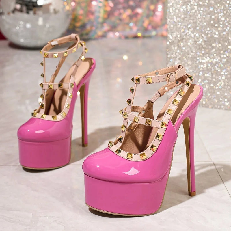 Aneikeh Rose Red Rivet Decorative Buckle 16cm Pumps Woman Sandals Sexy  Patent Peather Stiletto High Heels Wedding Banquet Shoes