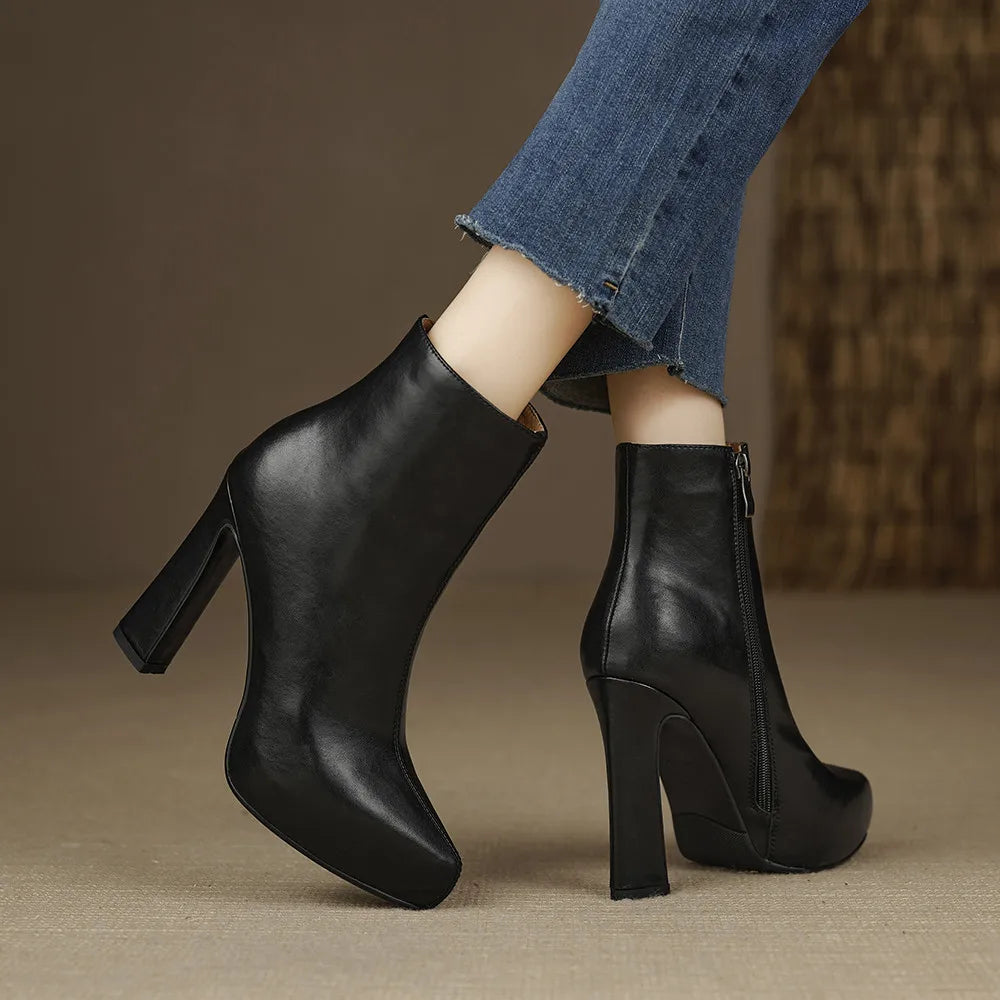 MILI-MIYA New Arrival Middle Splicing Women Cow Leather Ankle Boots Pointed Toe Thick Heels Zippers Solid Color Handmade