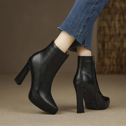 MILI-MIYA New Arrival Middle Splicing Women Cow Leather Ankle Boots Pointed Toe Thick Heels Zippers Solid Color Handmade
