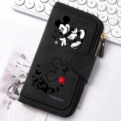 Mickey Minnie Lady Long Zip Wallet Buckle Tote Bag Coin Purse Soft PU Leather Multi-functional Card Holder Casual Daily