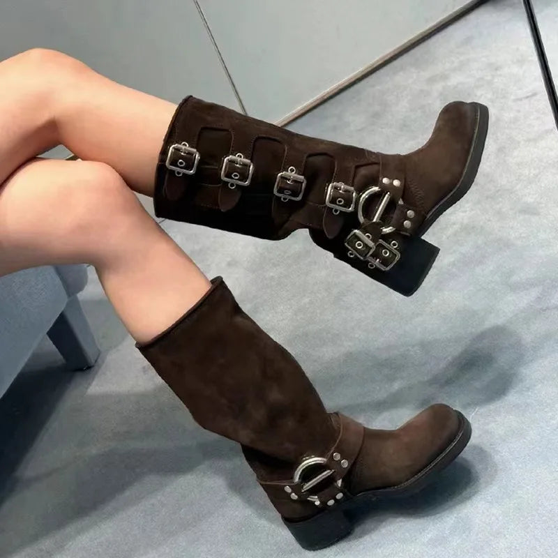 Punk Woman Clasp Buckle Brown suede Knee Boots Side Metal Buckles Motorcycle Boots Women Square Toe Lady Ridding Boots