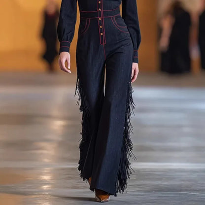 Vintage Fringed Denim Jumpsuit Button Front Deep V-Neck Slim Fit Flare Leg One-Piece for Party & Streetwear Western Style Black - Kimlud