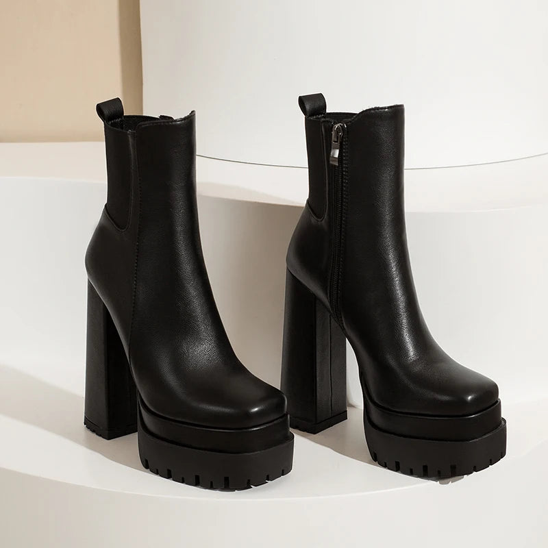 Women's Ankle Boots Platform Trends Black Short Boot Winter Autumn Leather Gothic Punk Heels Party Shoes Lady Large Size 45