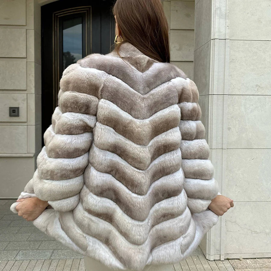 Natural Rabbit Fur Coat Women Chinchilla Colored Real Fur Coat Women Furry Jacket Women New Arrivals Hot Selling