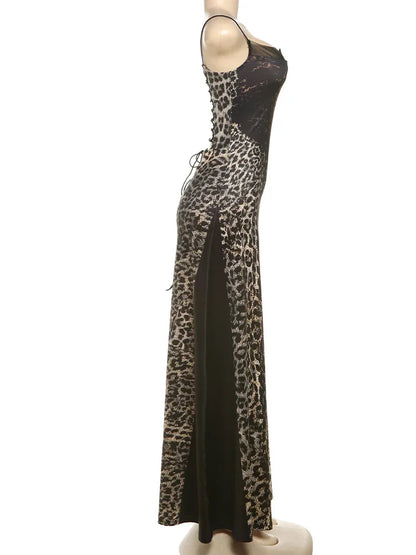 Maxi Dress Women Leopard Panelled Draped Backless Lace Up Sheath Long Robe Female Classic Party Club Vestidos