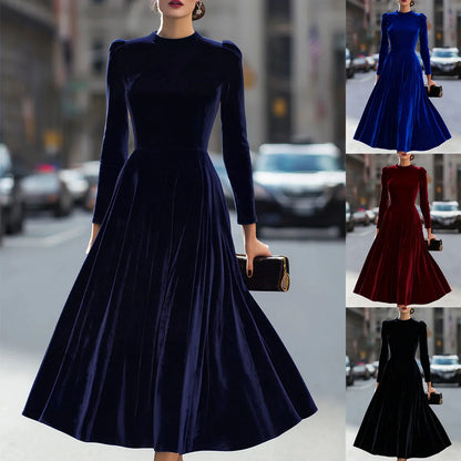 Velvet Long Sleeve round Neck Dress Elegant Artistic Retro Chinese Style Midi Skirt Casual Comfortable Polyester Fabric - Kimlud