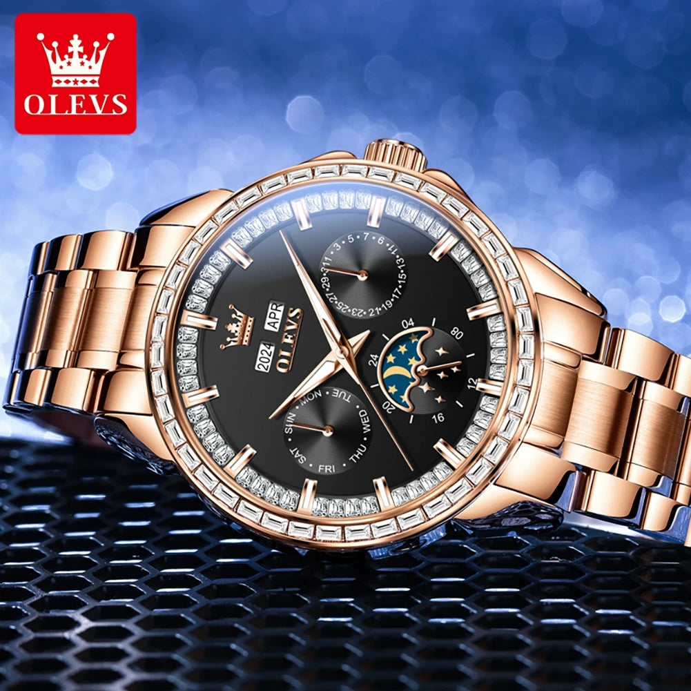OLEVS 6695 Automatic Mechanical Men's Watches Luxury Brand Original Diamond Bezel Moon Phase Perpetual Calendar Man...