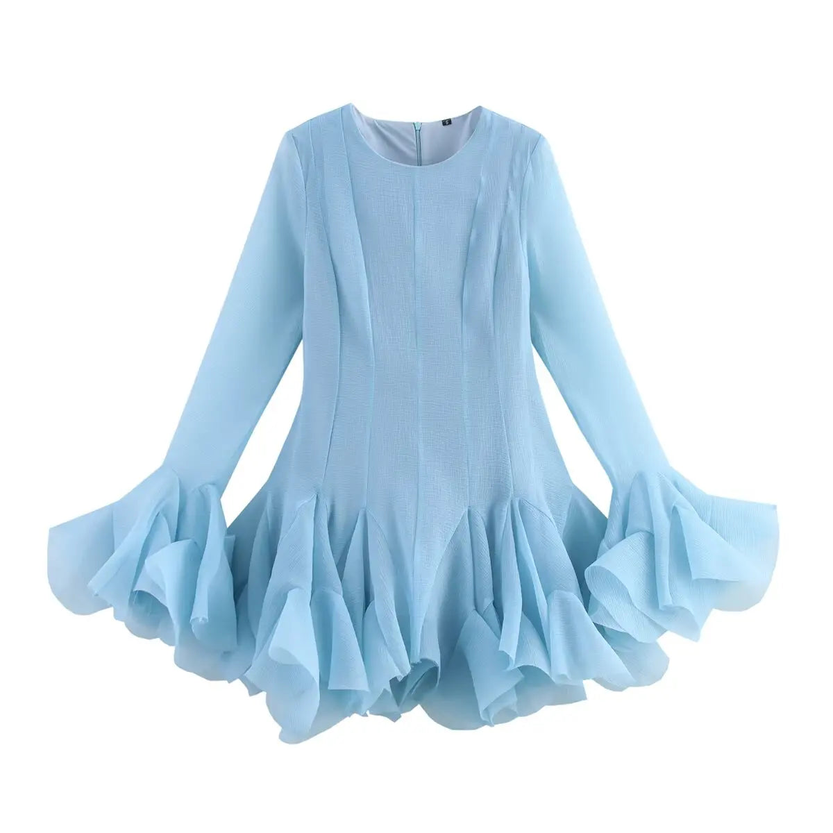 2026 Summer Women's Elegant Multi-Layered Ruffled Hem Mini Dresses Lady Sweet French Style Long Flare Sleeve Slim Fit Puffy Robe - Kimlud