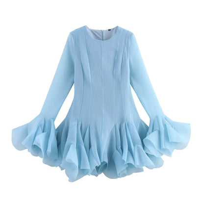 2026 Summer Women's Elegant Multi-Layered Ruffled Hem Mini Dresses Lady Sweet French Style Long Flare Sleeve Slim Fit Puffy Robe - Kimlud