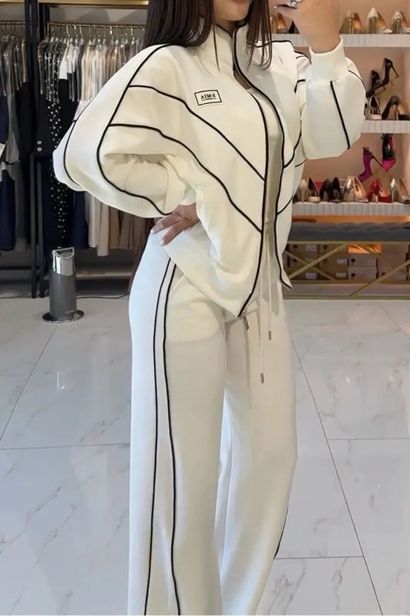 Women Fashion Elastic Waist Lace-up Solid Sport Outfits Casual Long Sleeve Loose 2Pc Set Elegant Zip Sweatshirt & Long Pant Suit - Kimlud