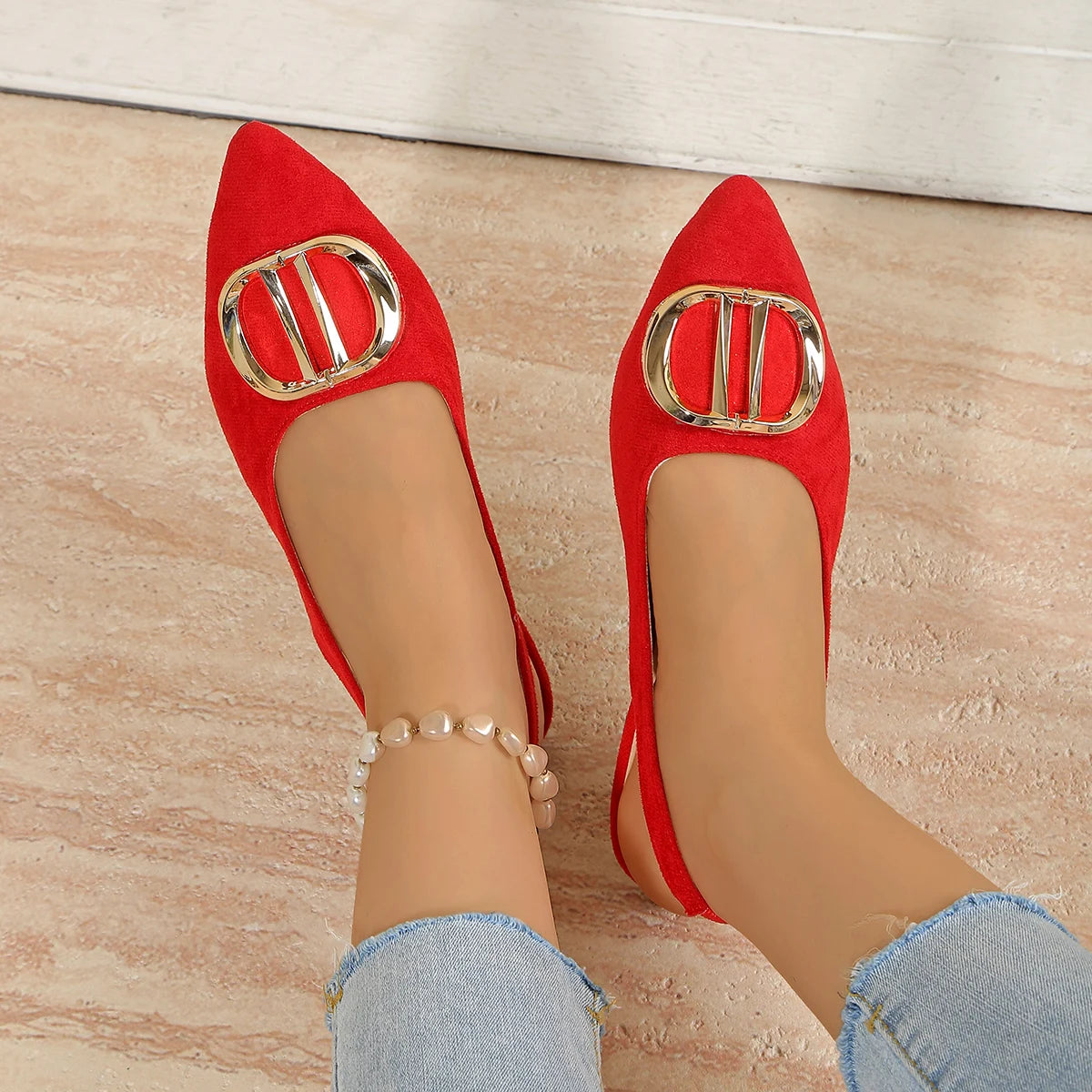 French Pointed-toe Metal Flat Shoes Baotou Sandals Shallow-mouth Single Shoes Foreign-style Explosive Internet Celebrity