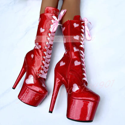 Sparkles Glittery Heart Cutouts Mid Calf Boots Women Platform Pink Ribbon Shoelaces High Heels Boots Sexy Dance Shoes
