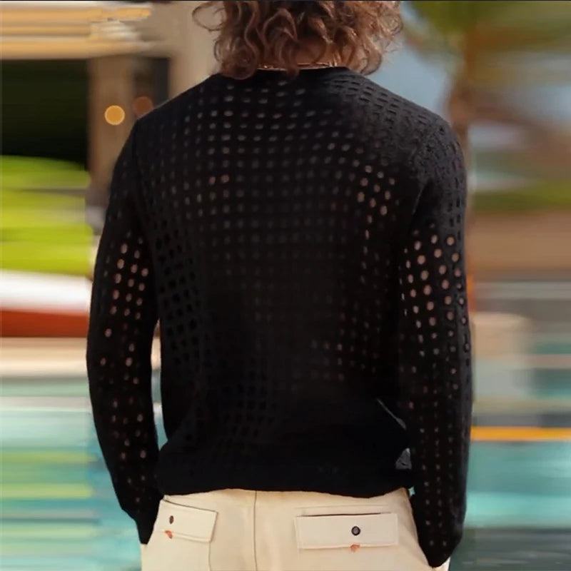 New American Hollow Out Men T-shirt Trendy Sexy Mesh Solid Color Long Sleeve Tees Transparent Stage Clothing Fitness Tops S-2XL - Kimlud