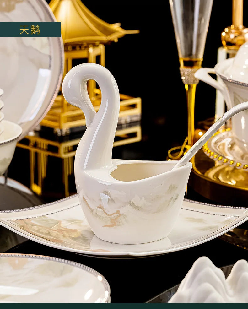 Jingdezhen dish set housewarming tableware set bowl and plate ceramic tableware set light luxury plate bowl | Kimlud...