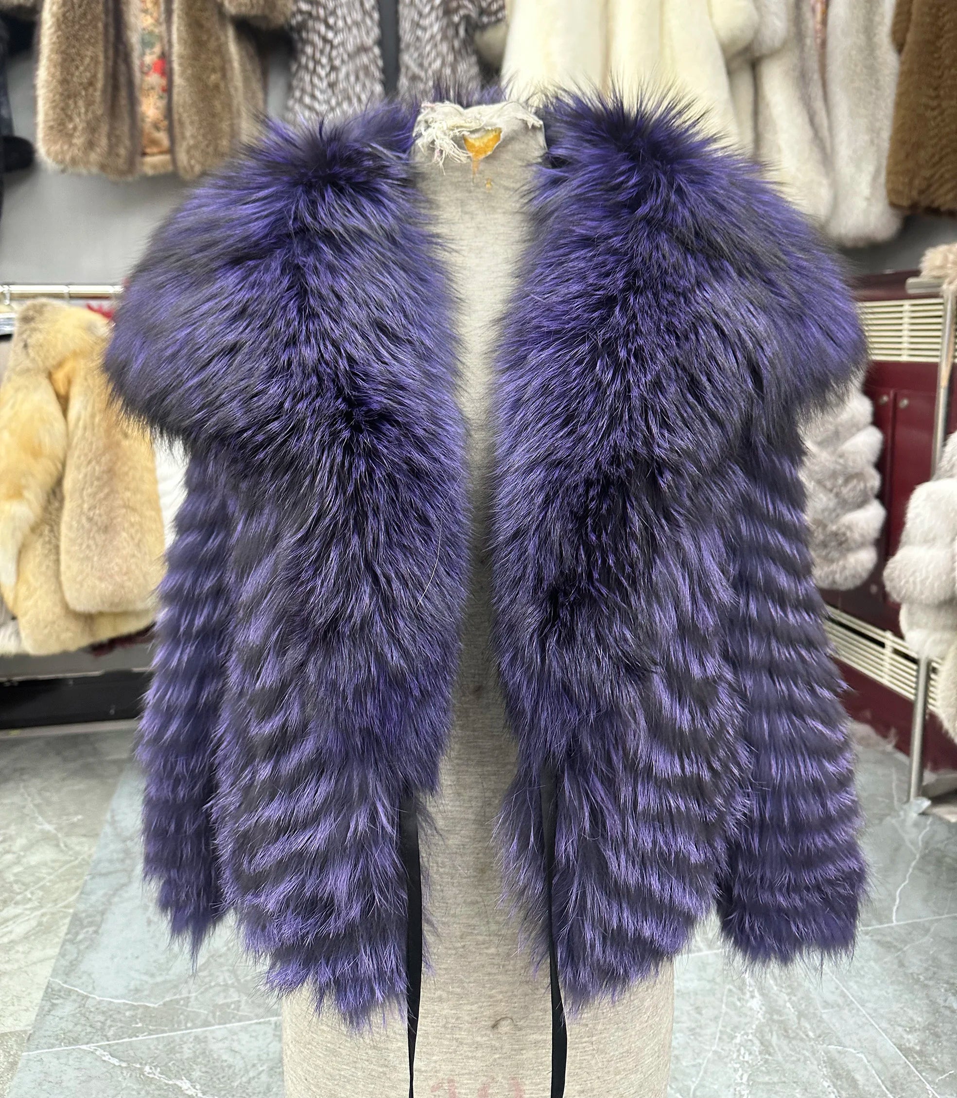 Lady's Natural Stripes Fox Fur Coat with Big Collar Spring Autumn Luxury Fashion Jacket