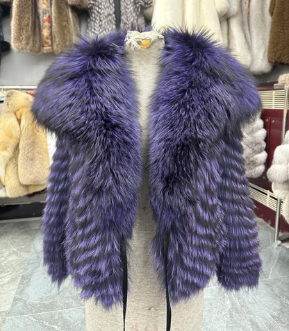 Lady's Natural Stripes Fox Fur Coat with Big Collar Spring Autumn Luxury Fashion Jacket