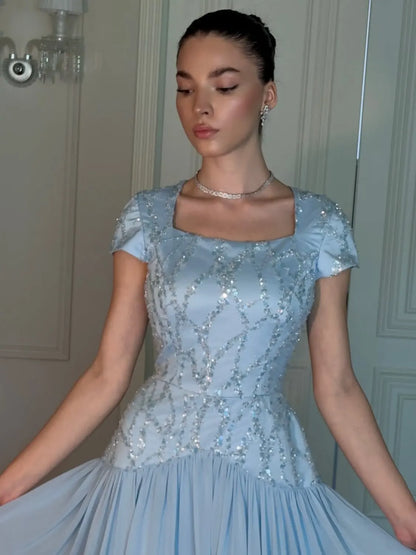 Elegant Square Neck Evening Dress Short Sleeve Sequin Embellished Top Pleated Chiffon Floor Length Wedding Guest Maxi Gown