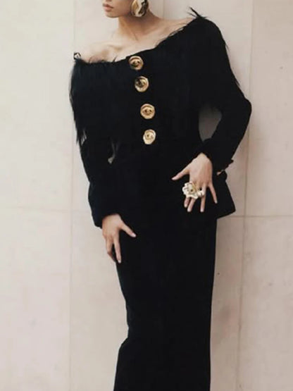 TWOTWINSTYLE Solid Slimming Spliced Metal Buttons Jackets for Women Slash Neck Long Sleeves Patchwork Fur Jacket Female Fashion - Kimlud