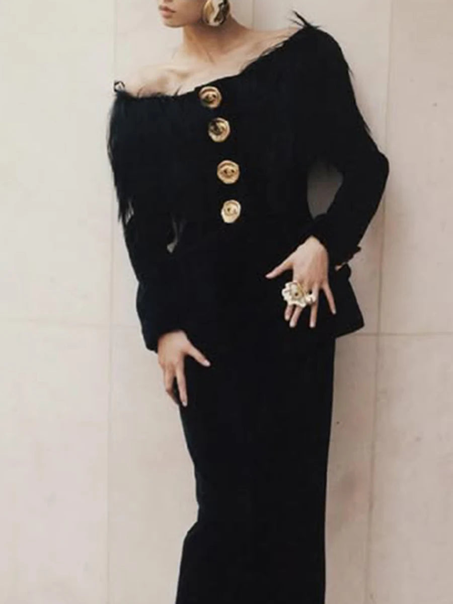 TWOTWINSTYLE Solid Slimming Spliced Metal Buttons Jackets for Women Slash Neck Long Sleeves Patchwork Fur Jacket Female Fashion - Kimlud