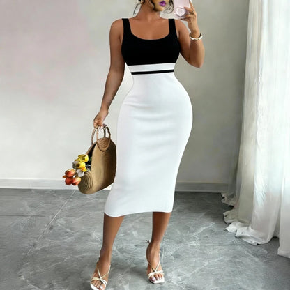 Women's White Black Patchwork Block Square Neck Sleeveless Stretchy Knit Bodycon Midi Dress Elegant Summer Daily Party...