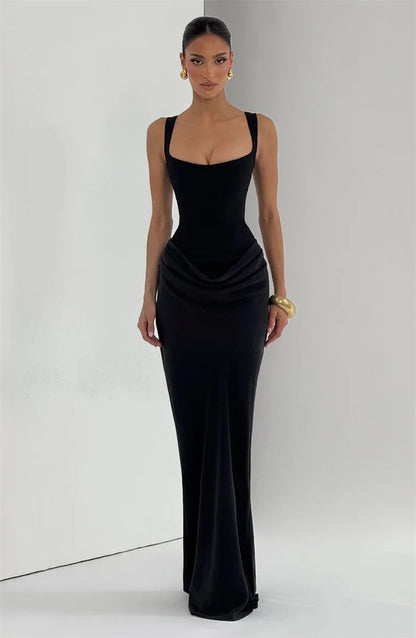 Mozision Elegant Backless Sexy Maxi Dress Women Gown Fashion Square Collar Sleeveless Skinny Ruched Club Party Long...