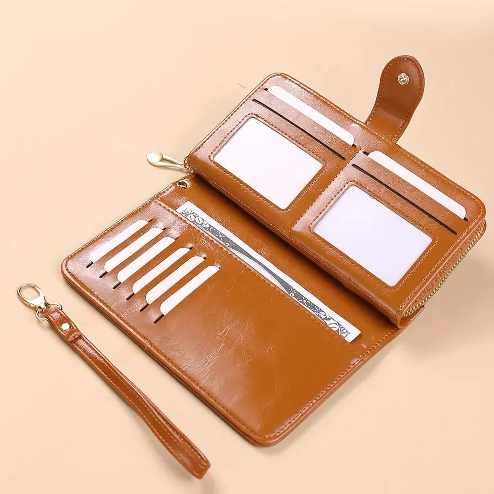 Women's Vintage Oil Wax PU Leather Clutch Wallet Female Large Capacity Phone Purse Ladies Wristband Simple Card Holder...