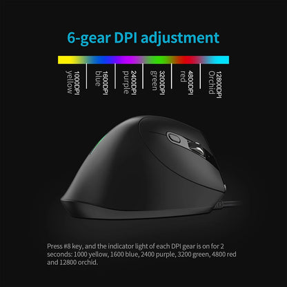 ZELOTES T-50 Ergonomic Wired Vertical RGB Mouse 12800 DPI Adjustable for PC Computer Gaming USB Wired Vertical Optical Mouse