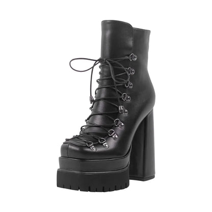 Onlymaker Double Platform Punk Boots Side Zipper Lace-up Fashion Matte Ankle Boots