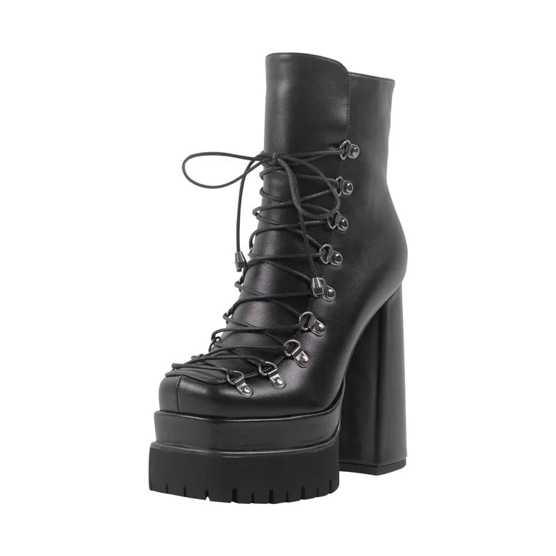 Onlymaker Double Platform Punk Boots Side Zipper Lace-up Fashion Matte Ankle Boots