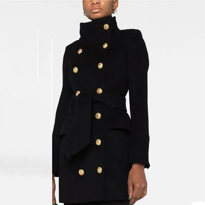 Women New Winter Black Wool Coat Gold Double Breasted Long Sleeve Coat