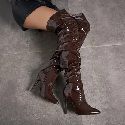 Sharp Pointed Patent Leather Fashionable Women's Boots Model Walking High Heels Boots Brown High Top Knee Size