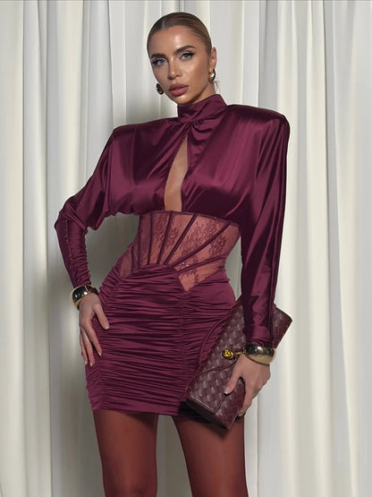 VC Elegant Burgundy Satin Mini Dress with Lace Corset Detail Long Sleeve High Neck Ruched Party Dress for Evening Events & Prom