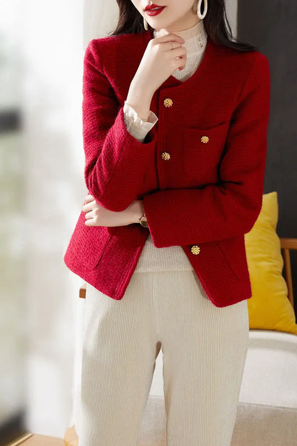 Women's Spring Autumn New Red White Fragrant Coat Chic Outerwear Tops High Street French Fashion