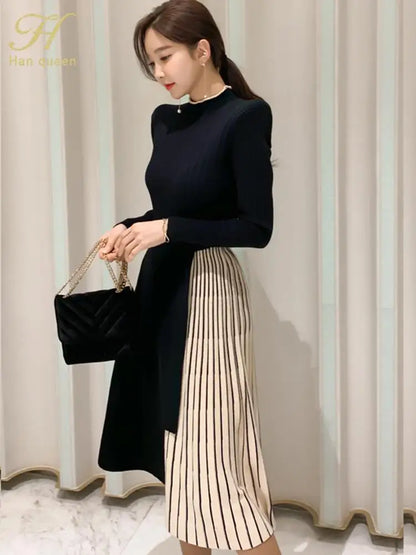 H Han Queen New Winter Elastic Knitted Dresses Women Color matching Lace-up Sweater Dress Fashion Slim Work Office Vestidos - Kimlud