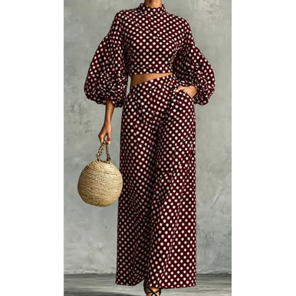 Loose Polka-dot Trousers Suit Autumn Winter Elegant Street Style Lantern Sleeve Long-sleeved Top Wide-leg Trousers Two-piece Set